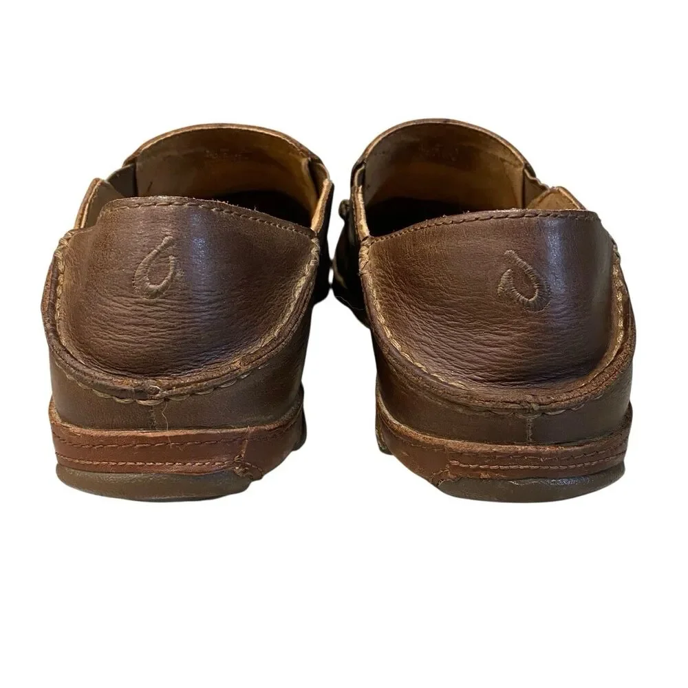 OluKai Moloa Leather Slip On Loafers Mens 8.5 Brown Drop In Heel Moc Toe Comfort